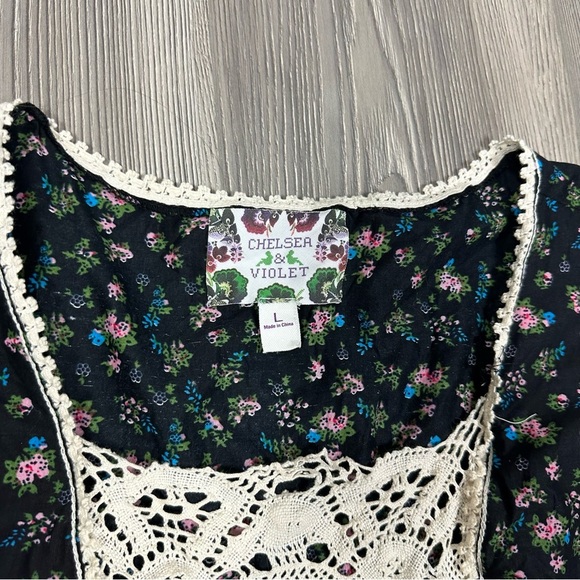 Chelsea & Violet Black Floral Dress Crochet Lace Details Boho Size L - Picture 3 of 6